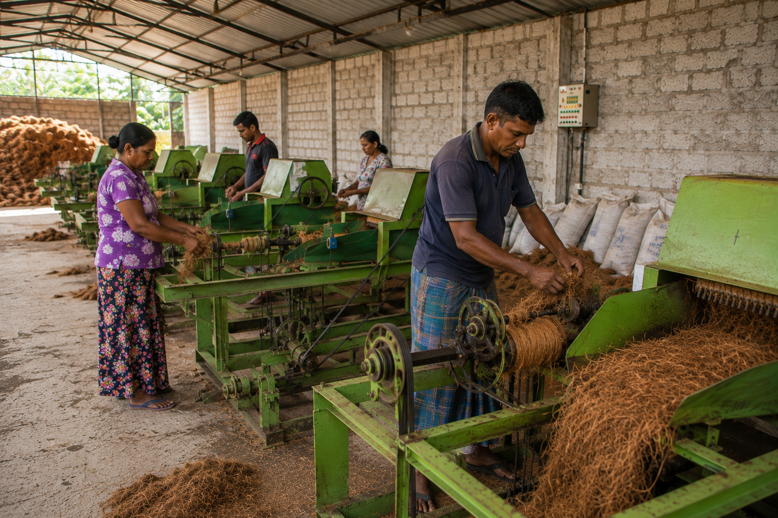 Plantara workers processing coir fibre in Sri Lanka